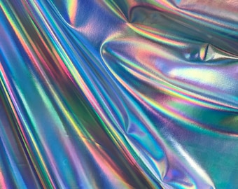 NEW Iridescent Foil on Spandex Fabric sold by yard [Shinny Fabric Iridescent - White Silver iridescent 4way Stretch lycra-plain