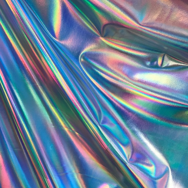 NEW Iridescent Foil on Spandex Fabric sold by yard [Shinny Fabric Iridescent - White Silver iridescent 4way Stretch lycra-plain