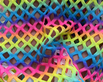 Rainbow Fishnet stripes tie dye Nylon Spandex 4 way stretch fabric 60” wide. See through Fishnet-Fabric sold by the yard