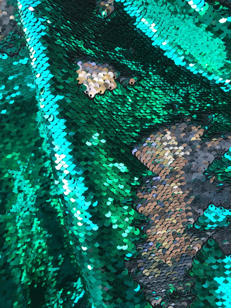 Fabric Dress Shiny GreenSilver FilpUp Reversible 5mm Sequins Two Tone Fabric Sold by the Yard- Pillow etc