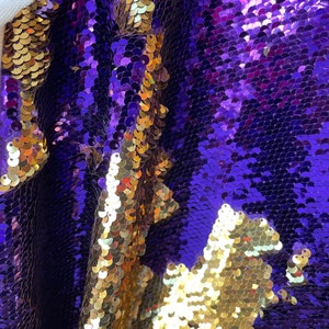 Tecido sereia brilhante 5 mm roxo/dourado novo com lantejoulas dobráveis/lantejoulas reversíveis por metro
