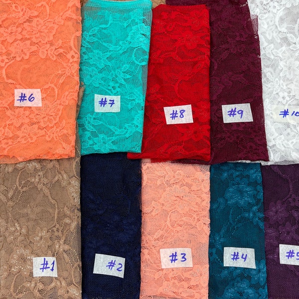 Stretch Lace Fabric. Lingerie lace 4 way stretch soft lace fabric. 56” wide. Fabric sold by yard(13 colors available)
