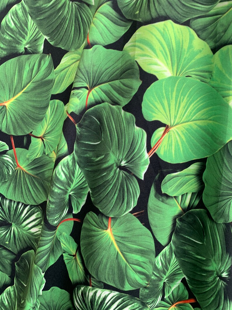 May include: Close-up of a fabric with a green tropical leaf pattern on a black background.