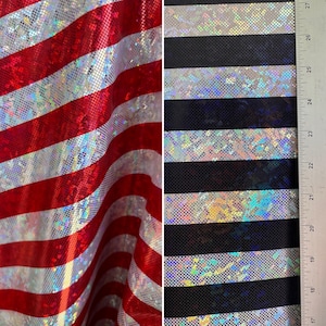 1” stripes Shiny Metallic hologram Horizontal Red/Black Silver stripes  on nylon Spandex  4 way Stretch Fabric Sold By Yard (60” wide)