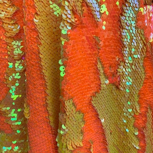 Peut inclure: Gros plan sur des paillettes orange et jaunes irisées sur un tissu. Les paillettes sont disposées en un motif d'écailles qui se chevauchent.