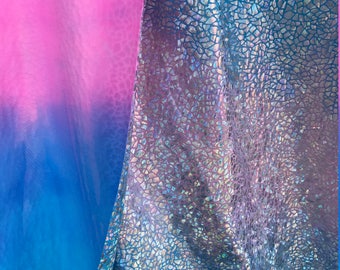 Unicorn Cotton Candy Blue/Pink tie dye reptile hologram print on poly spandex 2 way stretch 60” wide. Fabric sold by the yard
