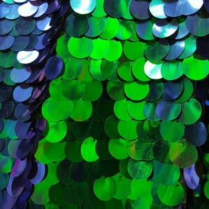 May include: Green and blue iridescent sequins arranged in a pattern. The sequins are round and have a shiny finish.