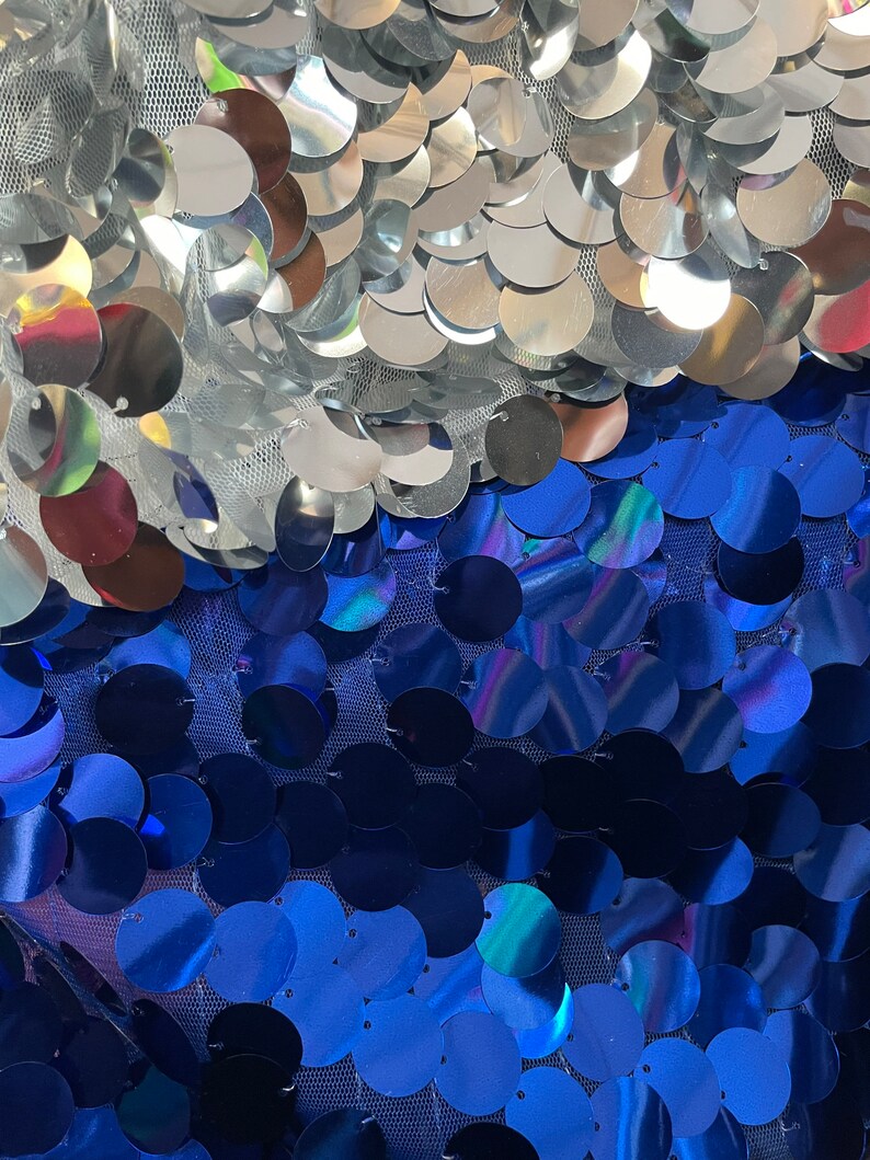 May include: A fabric with silver and blue iridescent sequins. The sequins are arranged in a pattern of overlapping circles.