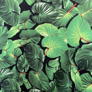 May include: A close-up of a fabric with a repeating pattern of large, green leaves on a black background.