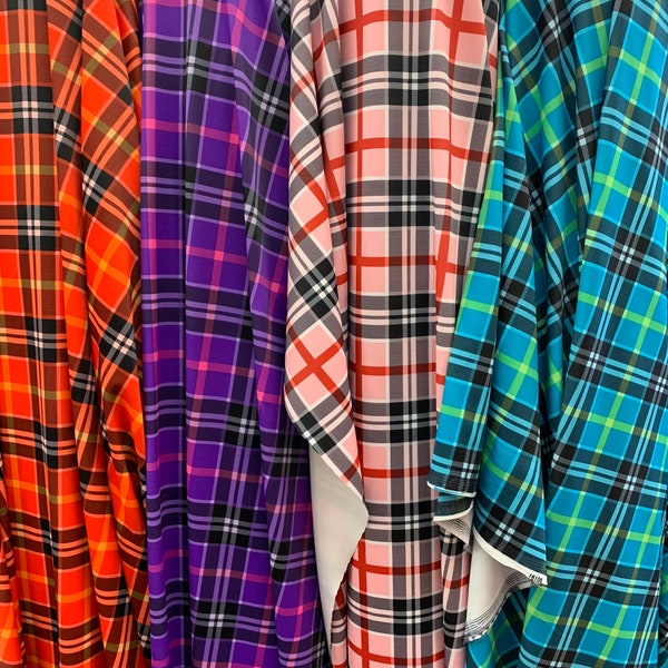 Imprimé tartan à carreaux, tissu Spandex extensible dans les 4 sens. 7 couleurs disponibles, tissu vendu par mètre