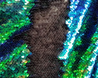 Green Mermaid Peacock/Black flip Up Reversible Sequin Fabric 5mm Sequins on Spandex Fabric Sold by the Yard .