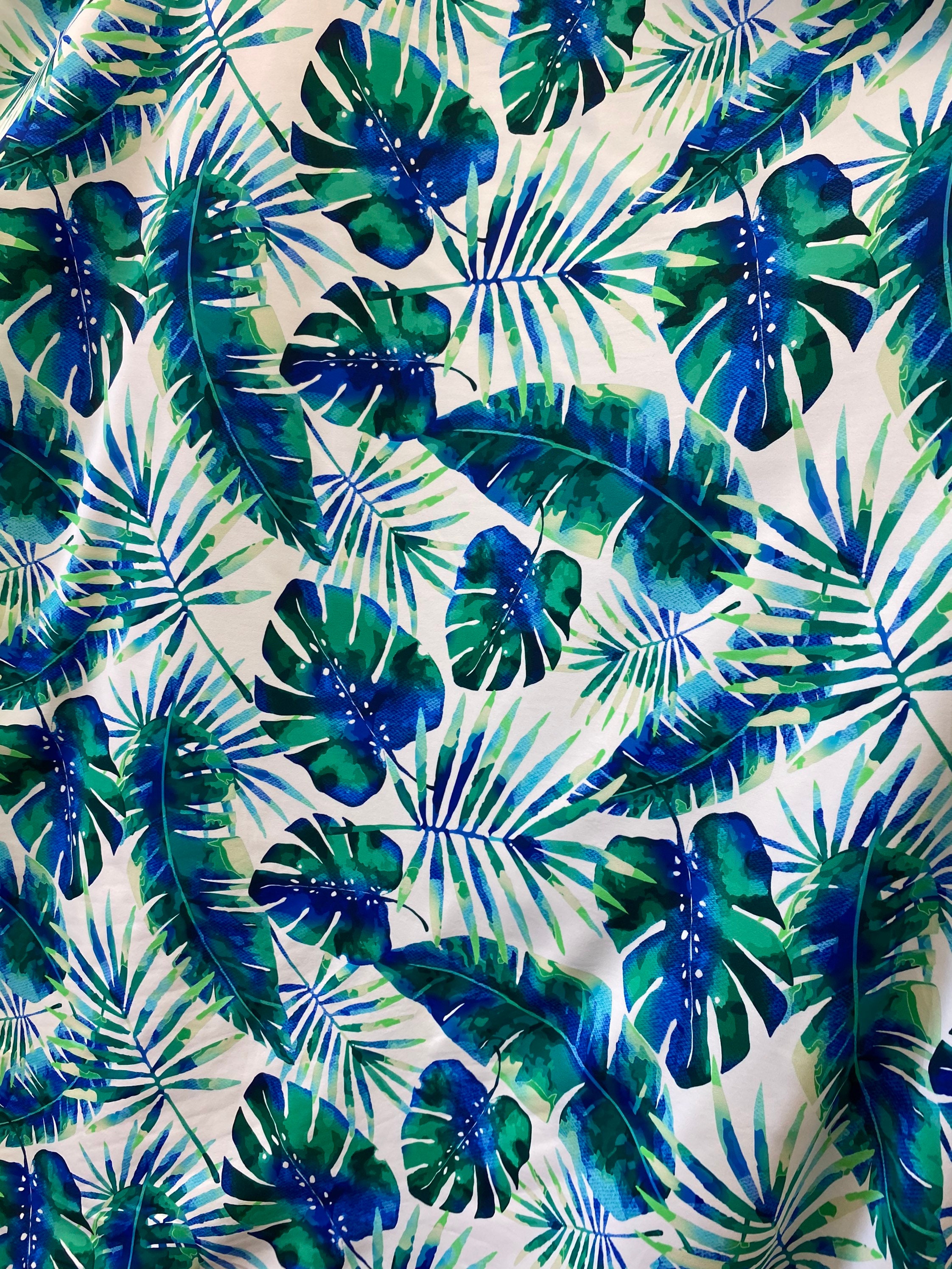 Tropical Blue/green Leaves Print on 4 Way Stretch Nylon - Etsy
