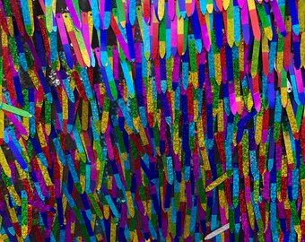 Rainbow Sword Sequins shape Desings Dangling sequins rainbow- Black Mesh Fabric By the Yard  -Backdrops, Kimonos