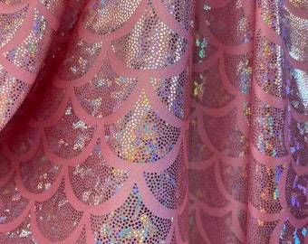 Mermaid Fish Scales light pink/silver hologram metallic 4 way stretch nylon spandex 60” wide sold by yard.