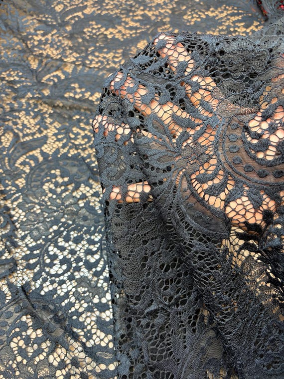 Black Stretch Lace swirls design 4 way Stretch 60” wide Fabric sold by yard