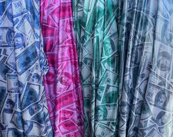 100 Dollars with Metallic Money Print on Spandex Fabric Sold by the Yard- 4 way Stretch Fabric {6 colors available}