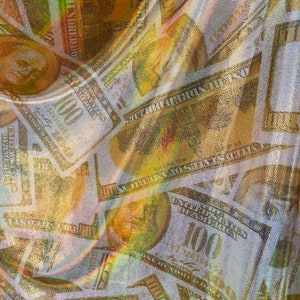 New Gold iridescent 100 Dollars Bills Metallic Money Print on Spandex Fabric Sold by the Yard- 4 way Stretch Fabric 60” wide