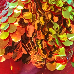 Red Gold Iridescent TearDrops Eggshell Jumbo Dangling Sequins on Red Mesh Fabric Sold By the Yard -Backdrops Fabric - Kimonos image 7
