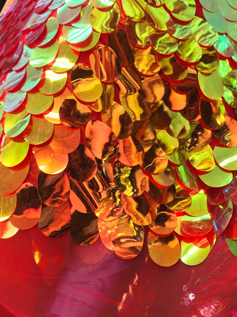 Red Gold Iridescent TearDrops Eggshell Jumbo Dangling Sequins on Red Mesh Fabric Sold By the Yard -Backdrops Fabric - Kimonos image 7