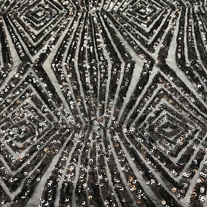 Black Geometric Fancy Embroidery Shiny Sequins on a High Quality Translucent Black Mesh-Sold by the Yard