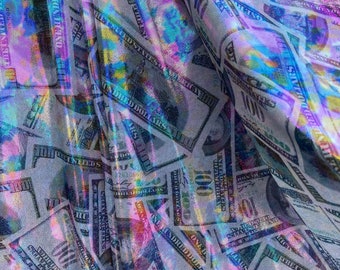 New 100 Dollars with Multicolor Metallic Money Print on Spandex Fabric Sold by the Yard- 4 way Stretch Fabric 60” wide