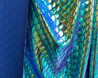 Iridescent Green Fish Scales Stretch Fabric 4 tones { Gold/Green/Blue/Purple} on navy Spandex Fabric sold by Yard -  [Not Washable]