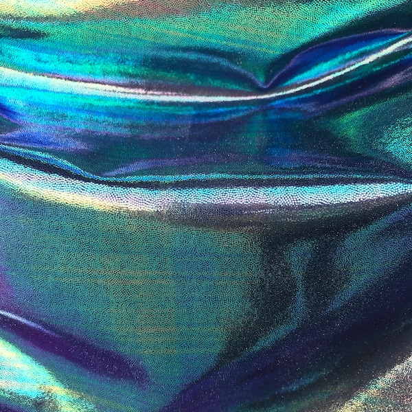 Green Iridescent Foggy Shiny Foil Metalic on Spandex Fabric sold by yard -Green Gold Blue Purple Four Tone Iridescent Fabric