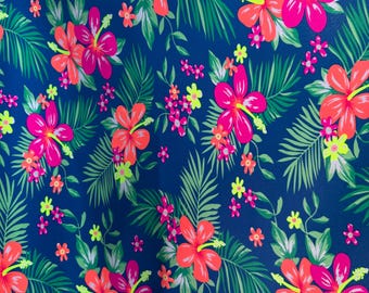 Neon Floral Spandex Fabric: Tropical Print on Navy, 4-Way Stretch - Sold by the Yard