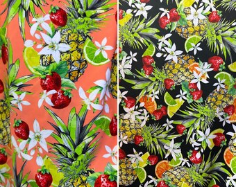 Nylon spandex 4 way stretch Hawaiian fruits/flowers print fabric sold by yard. 60” wide