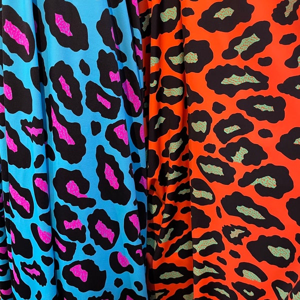 NEW Neon Pink/turquoise and Orange/green Leopard print nylon spandex fabric 4 way Stretch. Sold by the yard. Animal print 60” wide