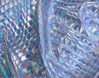 New Material Silver Iridecent Mermaid Fish on White Spandex Fabric Sold by the Yard [ Bows, Mermaid Tails, Leggings] Mermaid Iridescent