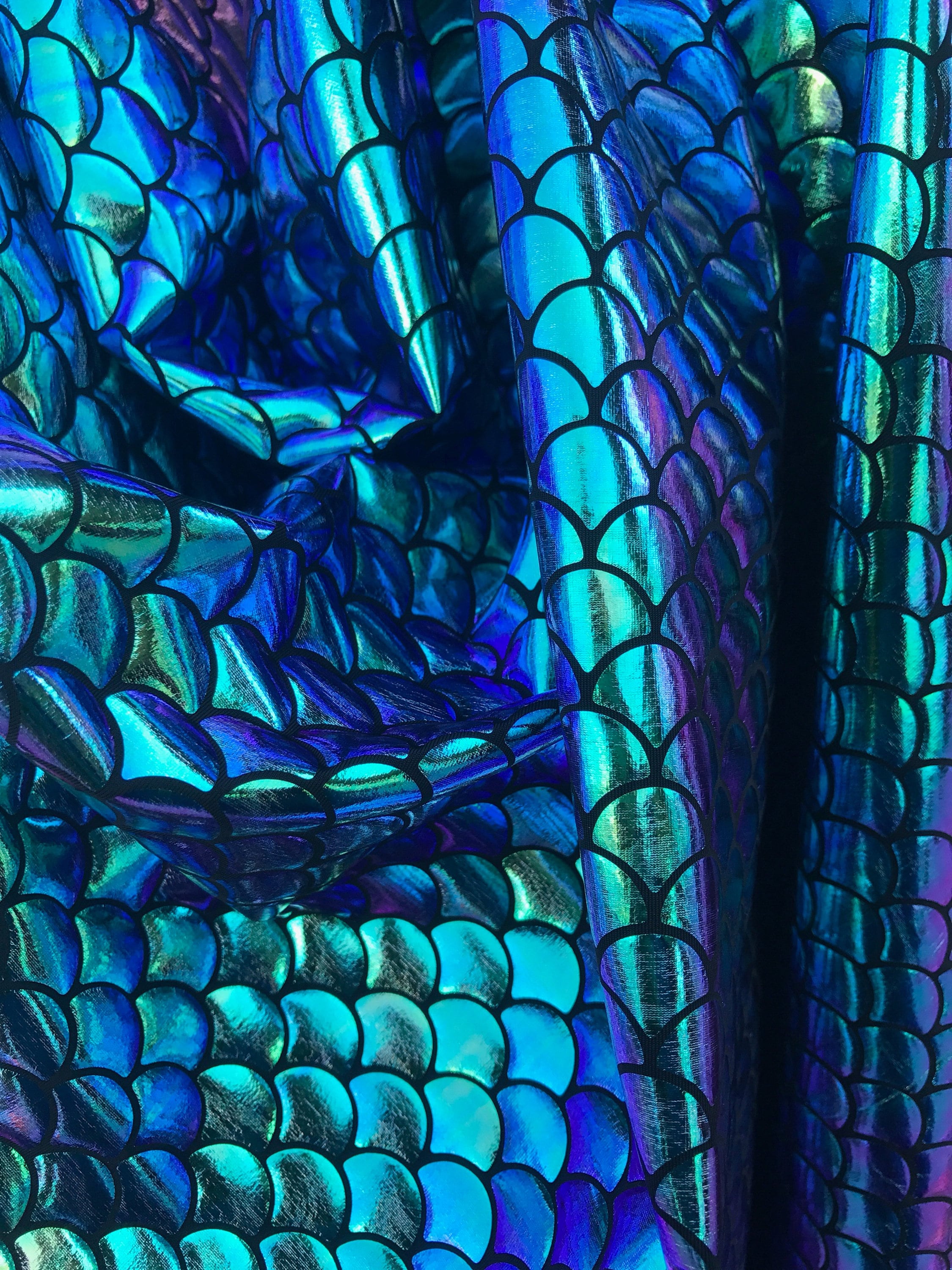 BLUE Mermaid Fish Scales Fabric, Mermaid fabric spandex 58 wide, metalic  fabric stretchy knit Yardage bling Fabric
