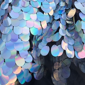 May include: Close-up of iridescent sequins in shades of blue, purple, and silver. The sequins are oval-shaped and attached to a black mesh fabric. The light reflects off the sequins, creating a shimmering effect.