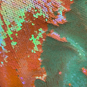 New Iridescent Orange/Shiny Green  5mm Mermaid Flip Sequins Fabric Sold by the Yard- Sequins Designs