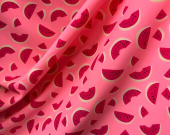 New Coral Base- Watermelon Print on  Spandex fabric 4 way stretch 60” wide. Sold by yard. Ships worldwide from Los  Angeles CA