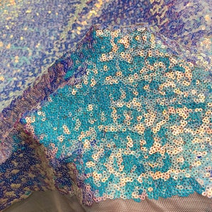 New Unicorn White Pink Blue Iridescent 2mm Mini Sequins on High Quality Stretch White Mesh Fabric Sold By the Yard