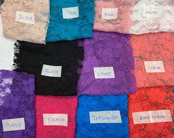 Stretch Lace Fabric. Lingerie lace 4 way stretch soft lace fabric. 56” wide. Fabric sold by yard(13 colors available)