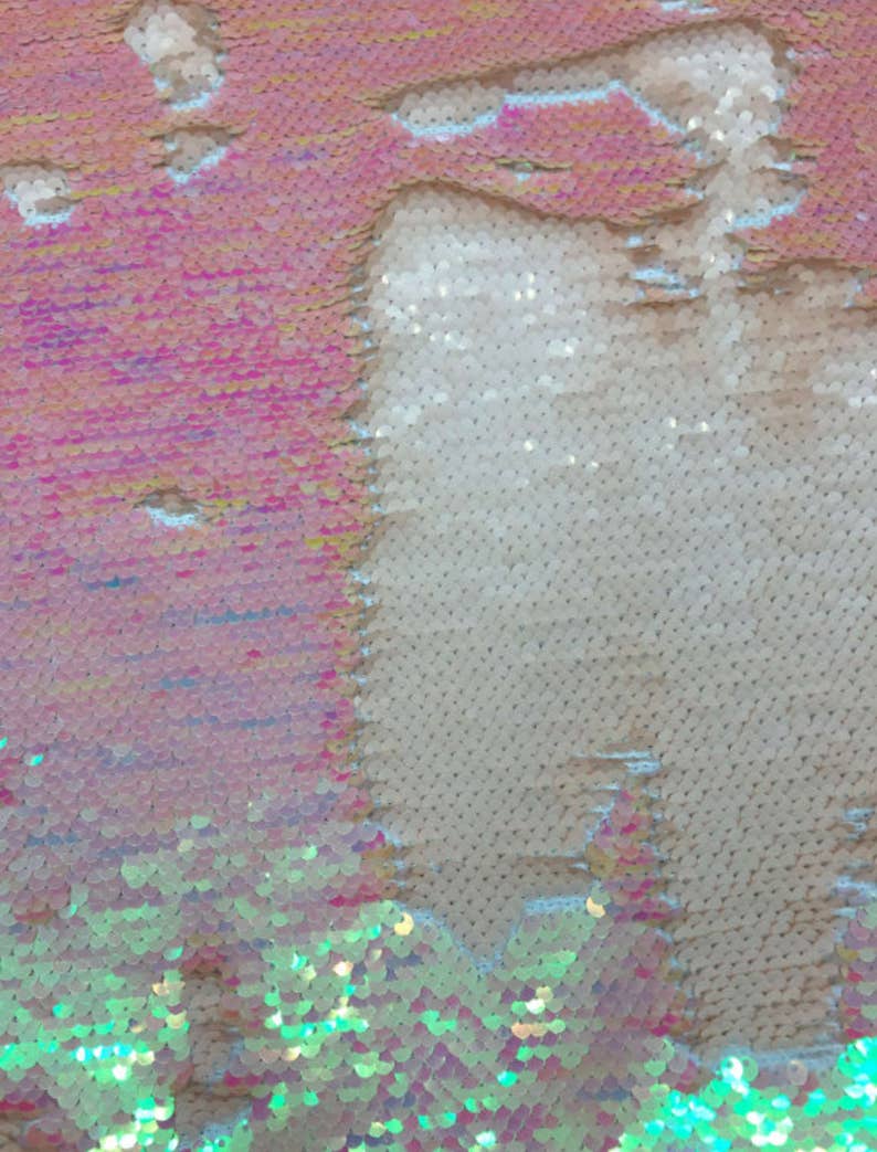 Mermaid White Pink Iridescent Flip-up Sequin 5mm on Spandex Fabric Sold By Yard Multiple Colors Flip up Mermaid Color image 1