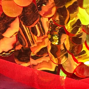 Red Gold Iridescent TearDrops Eggshell Jumbo Dangling Sequins on Red Mesh Fabric Sold By the Yard -Backdrops Fabric - Kimonos image 8