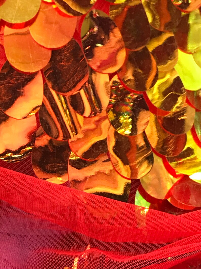 Red Gold Iridescent TearDrops Eggshell Jumbo Dangling Sequins on Red Mesh Fabric Sold By the Yard -Backdrops Fabric - Kimonos image 8