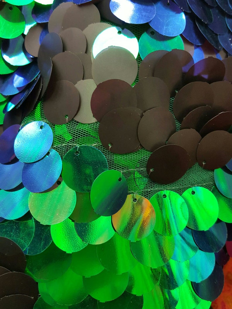 May include: A close-up of iridescent green, blue, and black sequins sewn onto a mesh fabric. The sequins are round and overlapping.