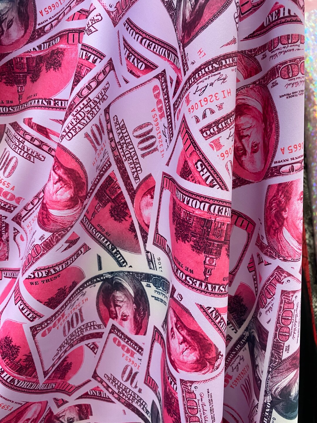 Pink 100 Dollar Bills Money Print Fabric Four Way Stretch Spandex 