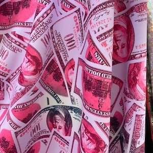 Pink 100 Dollar Bills Money Print Fabric Four way Stretch Spandex Fabric Money Print