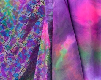 New Purple Pink Green Mermaid Scales on tie-dye nylon Spandex 4 way stretch Fabric sold by Yard - Fish Scales-