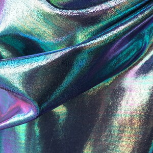 Green Iridescent Foggy Shiny Foil Metalic on Spandex Fabric sold by yard Green Gold Blue Purple Four Tone Iridescent Fabric image 2