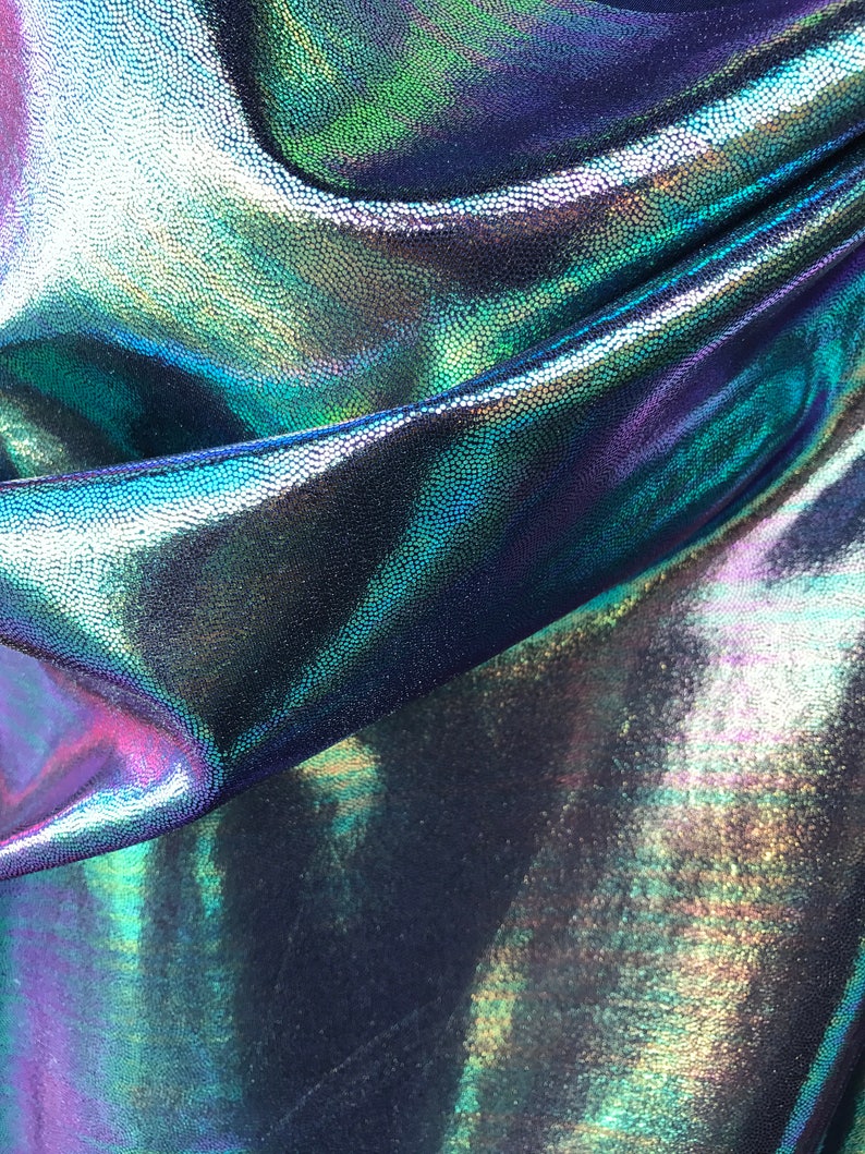 Green Iridescent Foggy Shiny Foil Metalic on Spandex Fabric sold by yard Green Gold Blue Purple Four Tone Iridescent Fabric image 2