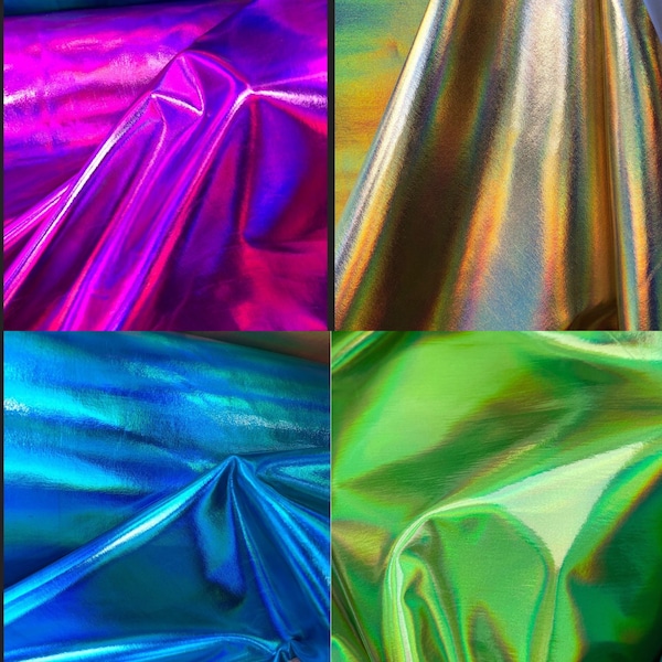 New Iridescent Foil Metallic Fabric Nylon Spandex 4 way stretch. Fabric sold by the Yard. 60” wide ( 5 colors available)