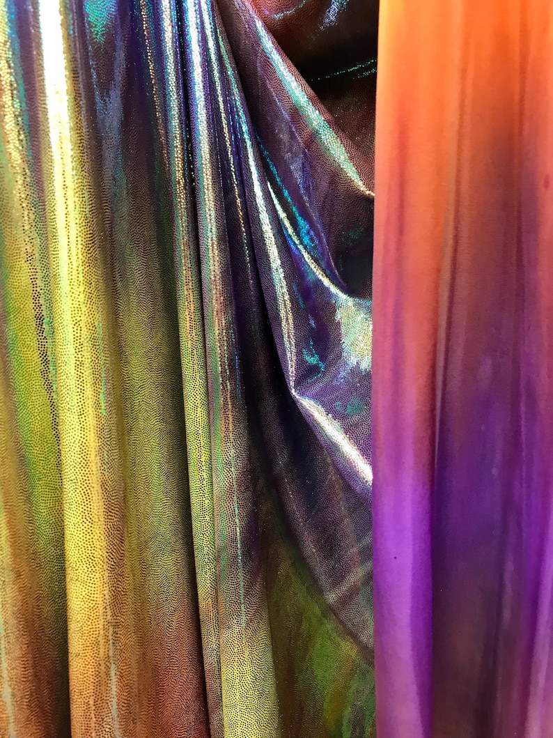 5 Tone Color NEW Poly Spandex Iridescent Tie Dye Pink Purple Orange Green /& Yellow with Metalic Green-Foil Spandex Fabric sold by yard