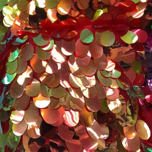 Red Gold Iridescent TearDrops Eggshell Jumbo Dangling Sequins on Red Mesh Fabric Sold By the Yard -Backdrops Fabric - Kimonos image 2