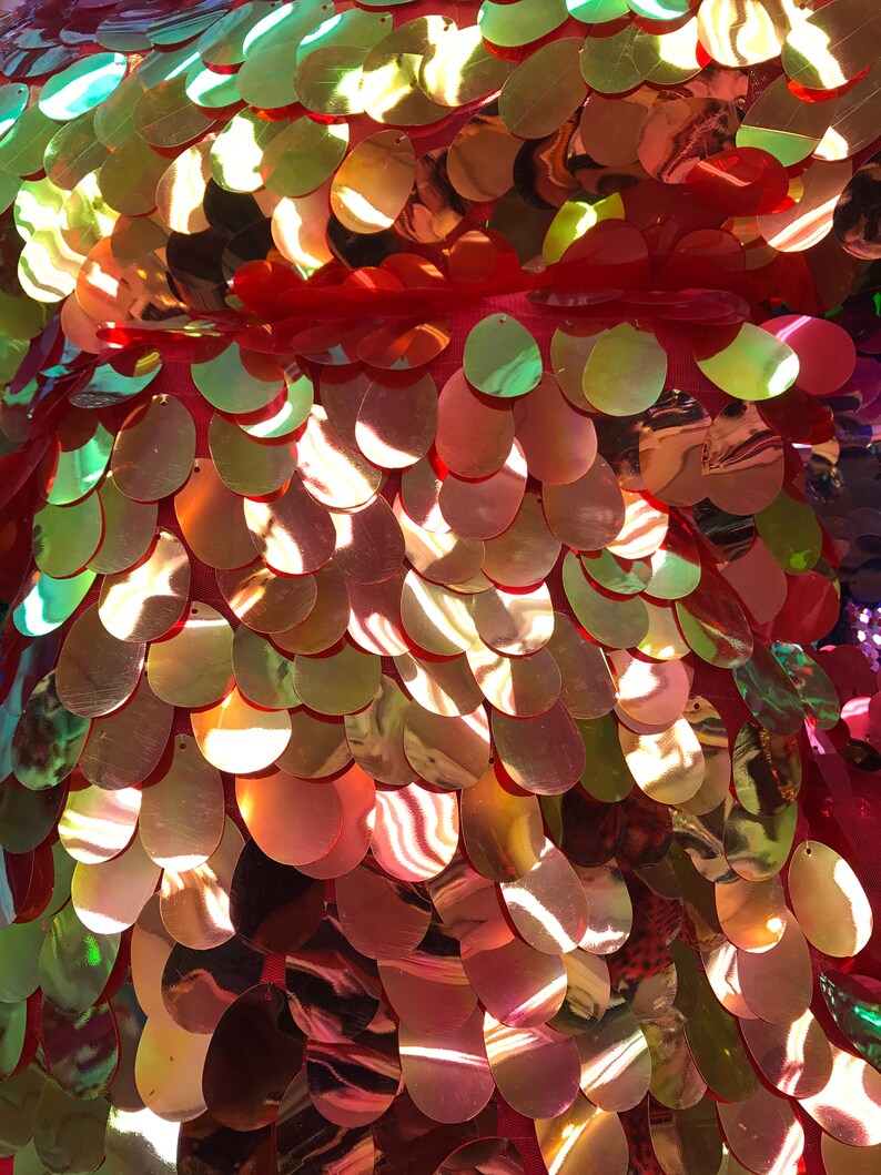 Red Gold Iridescent TearDrops Eggshell Jumbo Dangling Sequins on Red Mesh Fabric Sold By the Yard -Backdrops Fabric - Kimonos image 2